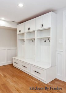 Custom white shaker mudroom designed by Kitchens by Frankie in Westchester