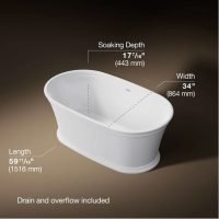 Memoirs 60" Free Standing Lithocast Gloss Cast Resin Soaking Tub with Center Drain, Drain Assembly and Overflow Model: K-8332-0